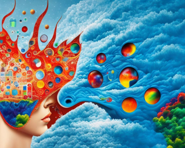 Colorful Surrealist Artwork: Nature and Urban Elements with Fire, Water, and Orbs