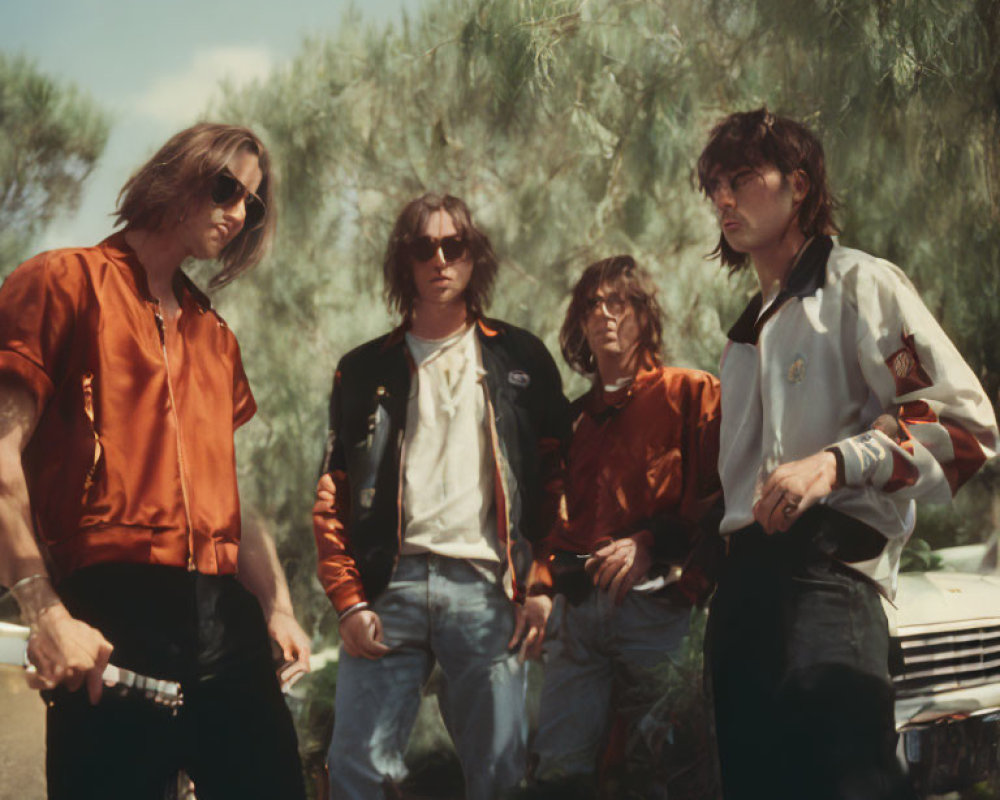 Group of four individuals in vintage attire with long hair posing outdoors by foliage and vintage car