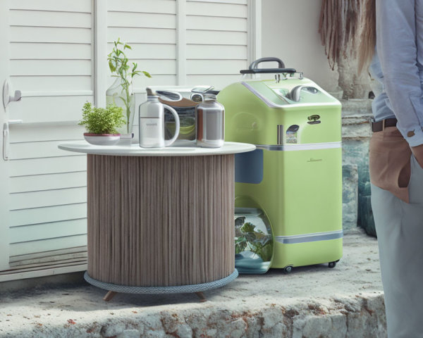 Vintage Green Portable Refrigerator with Round Table Outdoors