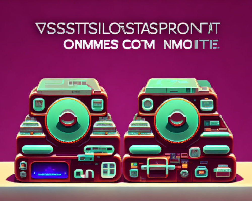 Vintage Sound Systems with Speakers and Control Panels on Pink Gradient Background