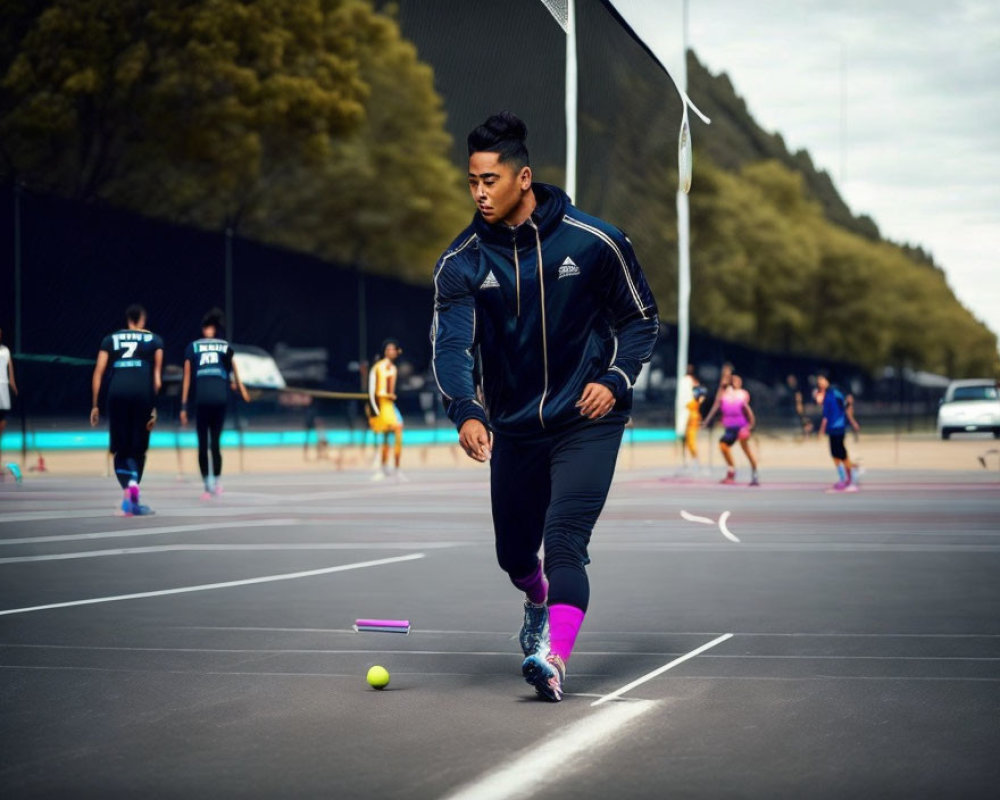 Man in sportswear dribbling soccer ball on court with players in background