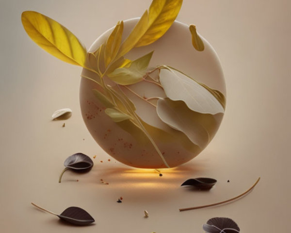 Golden-hued transparent sphere with leaves on beige background