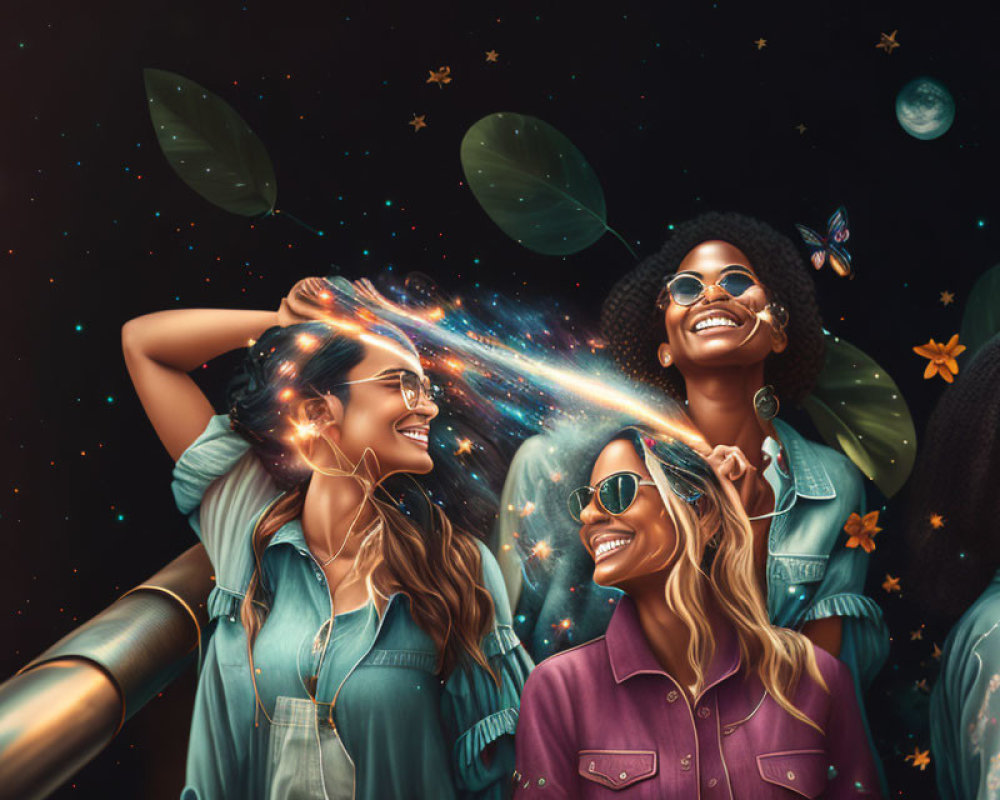 Four individuals connected by sparkling lights in cosmic scene with leaves and butterflies