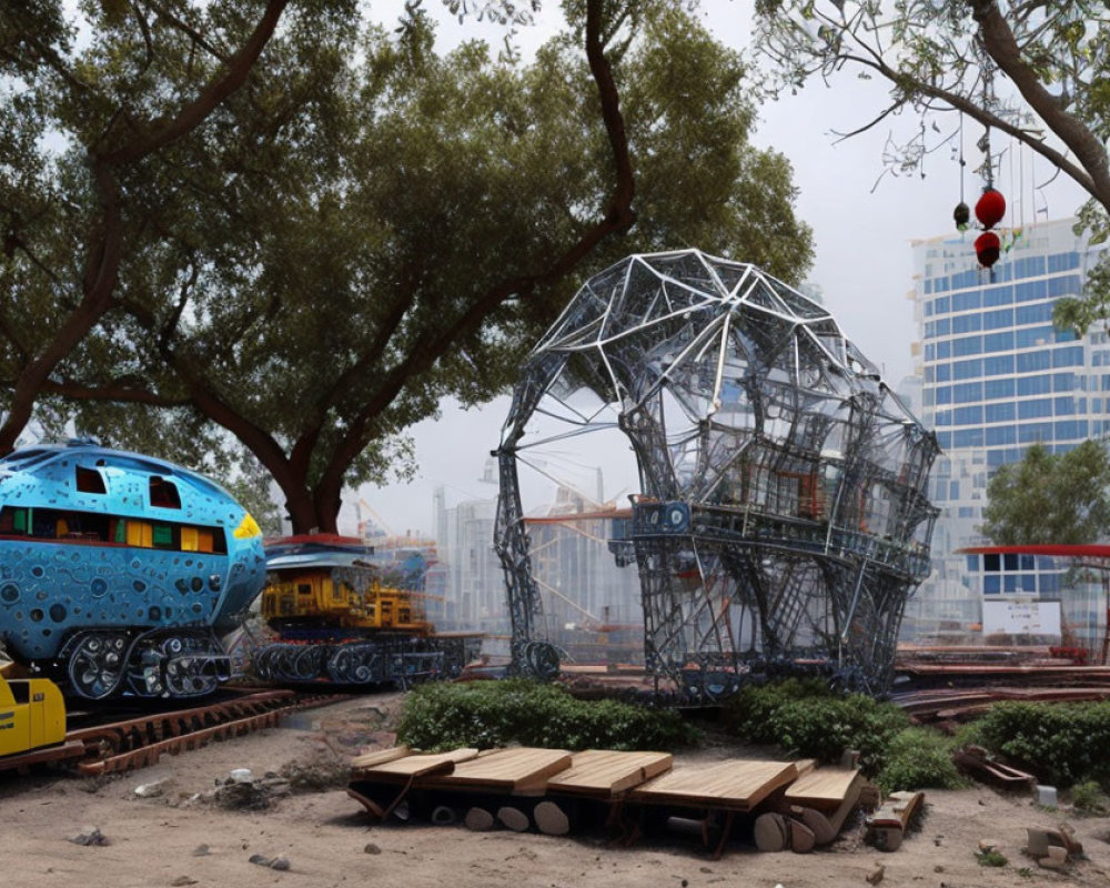 Whimsical urban installation features train and helmet structures amid city construction.
