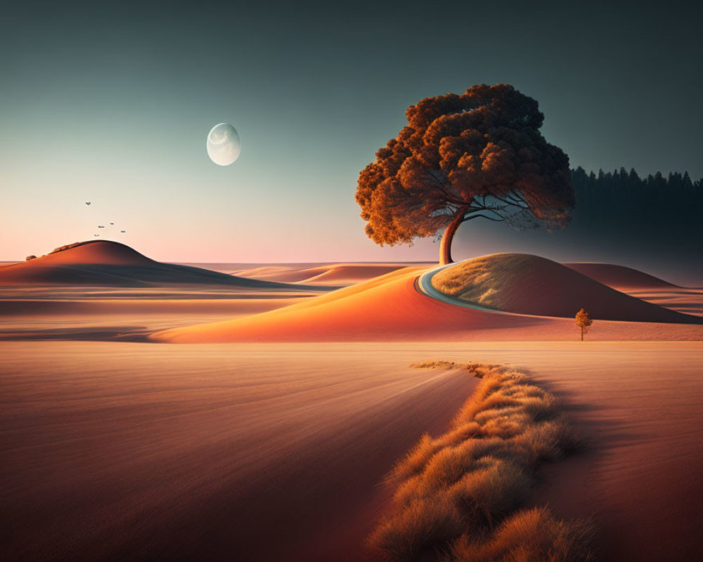 Twilight desert landscape with sand dunes, lone tree, path, and moon