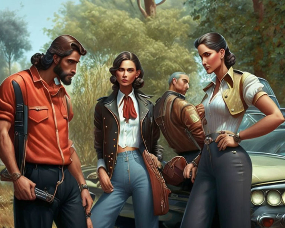 Vintage-themed characters with classic car in wooded setting