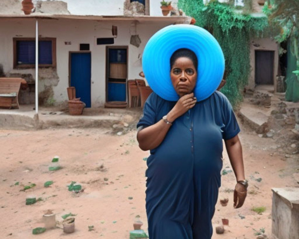 Woman in Blue Dress and Large Blue Hat in Courtyard Setting with Pottery and White Buildings