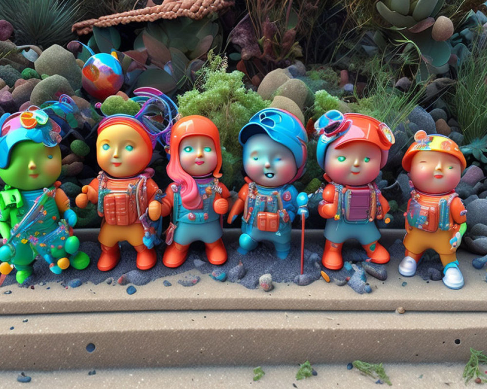 Seven cartoonish astronaut figures in colorful suits against greenery and globe