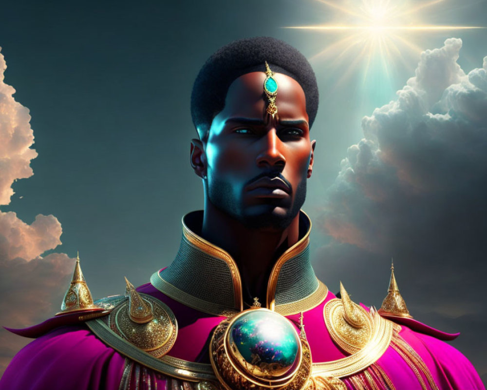 Regal man portrait in ornate crown and luxurious attire under radiant sun