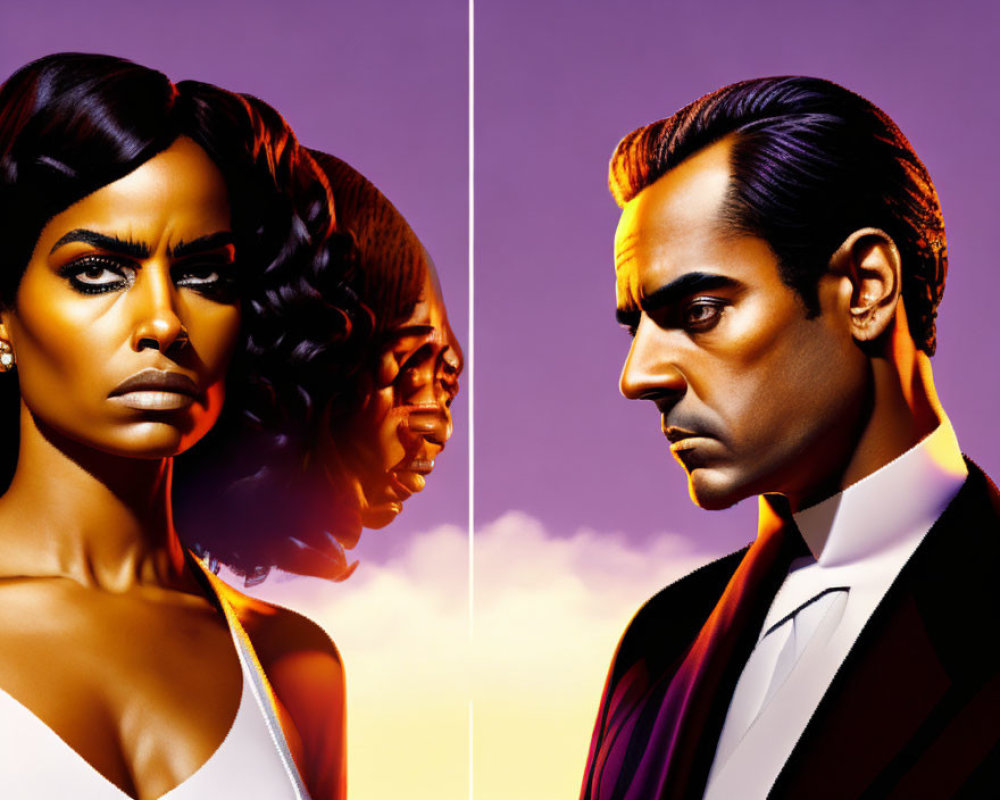Stylized portraits: fierce woman and suited man with exaggerated shadows