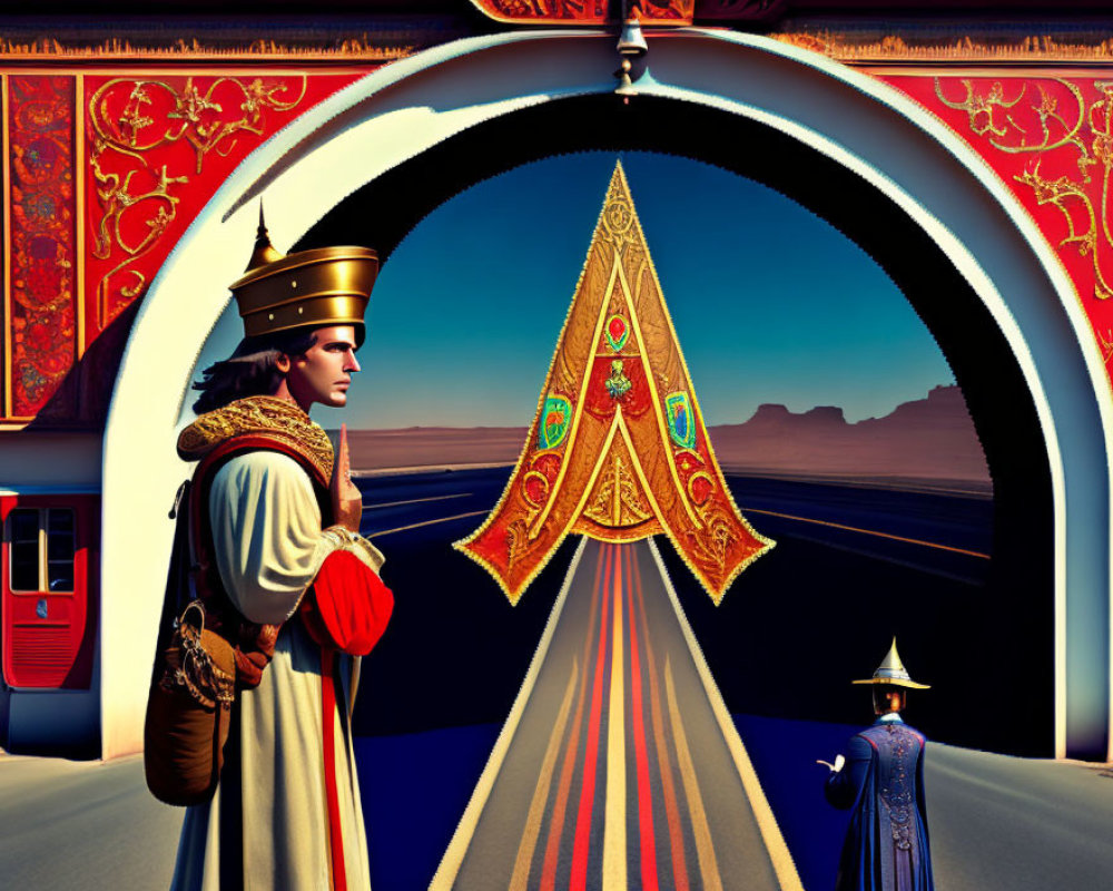 Surreal painting of man in regal attire at grand archway with desert landscape.