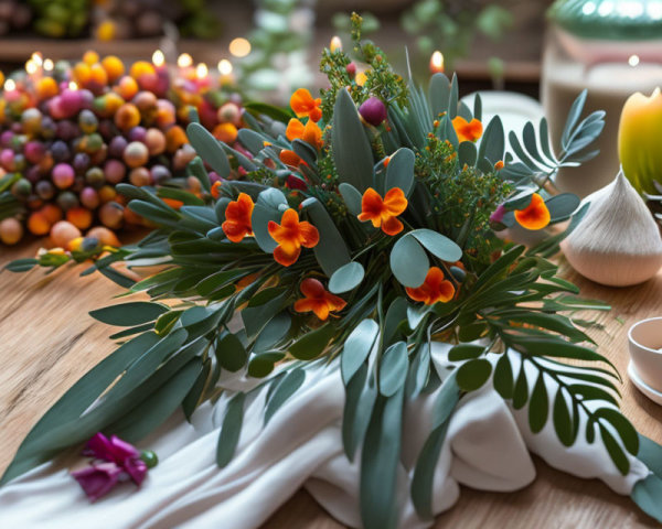 Orange Flowers and Green Foliage Table Decor with Candies and Lit Candle