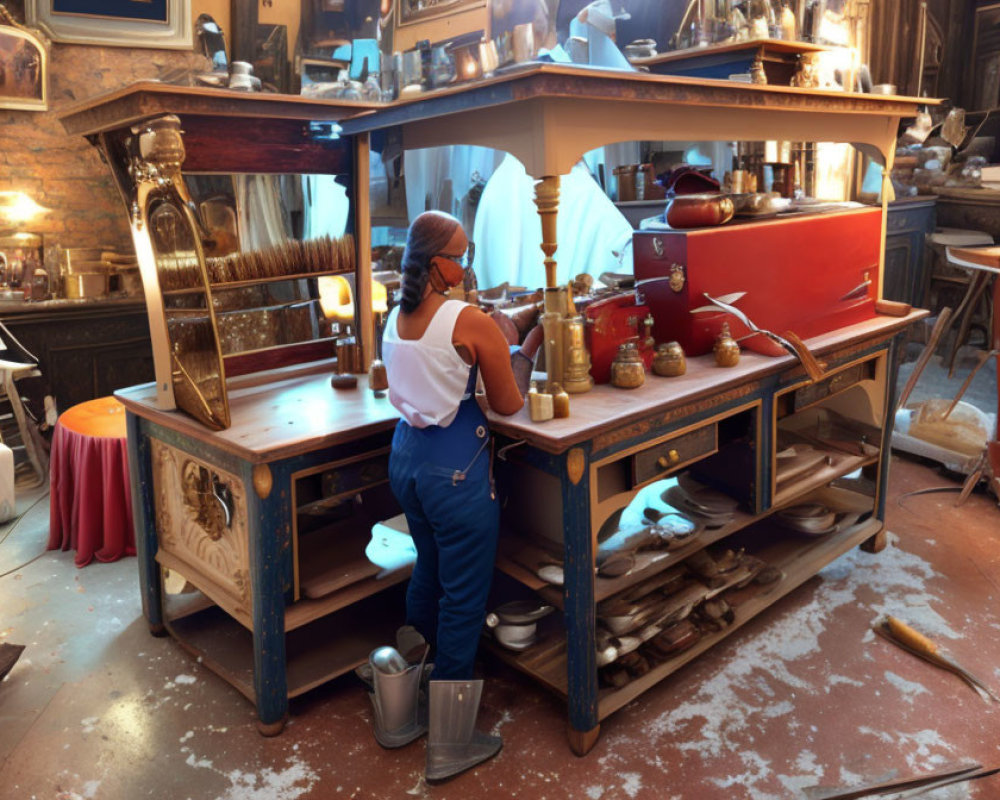 Person in Blue Overalls at Cluttered Antique Restoration Workbench
