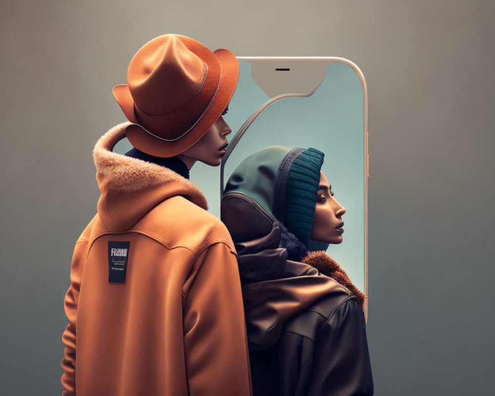 Person in orange hat and coat gazes at reflection in giant smartphone wearing blue hat and coat