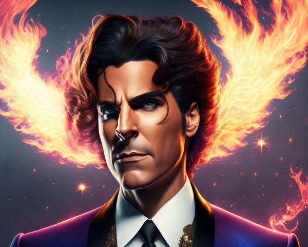 Man with Blue Eyes and Fiery Wings in Black Suit - Illustrated Portrait