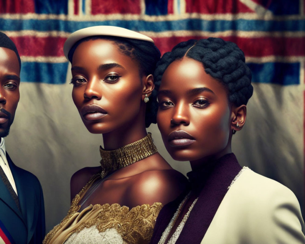 Three African models posing in chic attire with striking makeup in front of a UK flag.