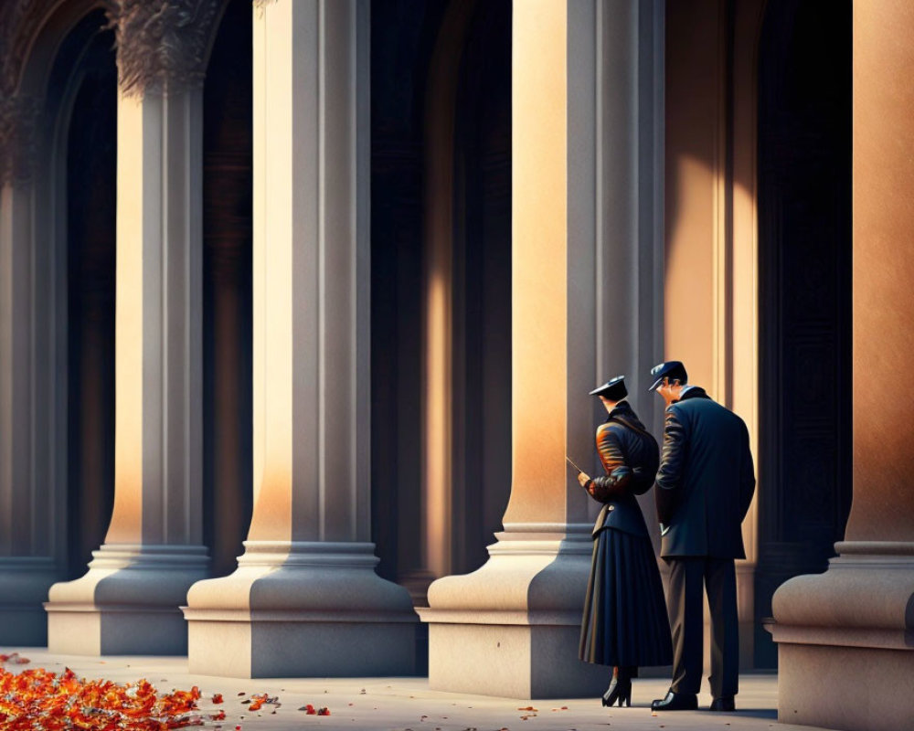 Vintage Clothing Couple Between Grand Columns with Autumn Leaves