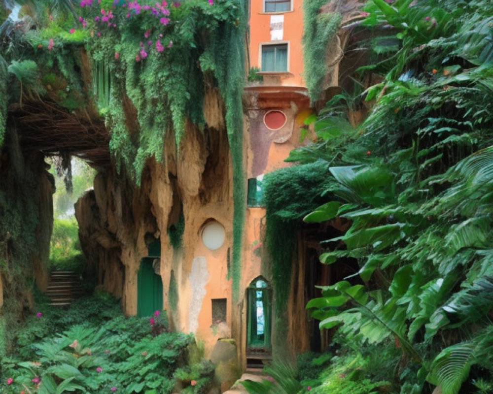 Tropical greenhouse with lush greenery and orange building