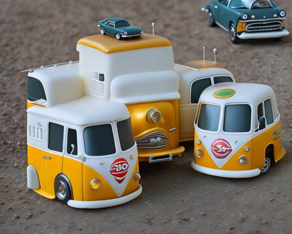Yellow and White Vintage Toy Model Cars on Sandy Surface