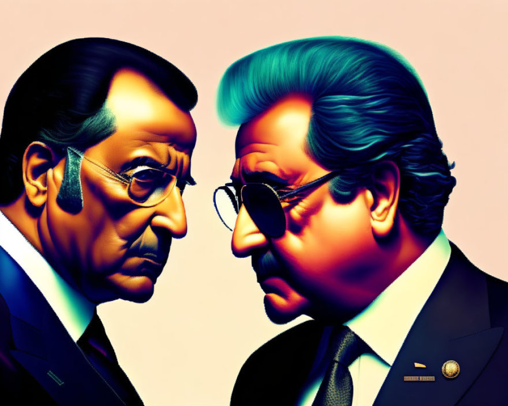 Stylized animated male characters in suits with exaggerated features on pink background