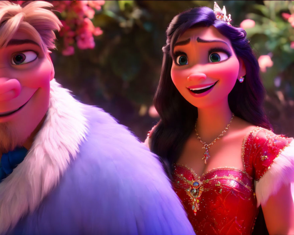 Male and female animated characters with pink blossoms, dark hair, red dress, and fur coat.