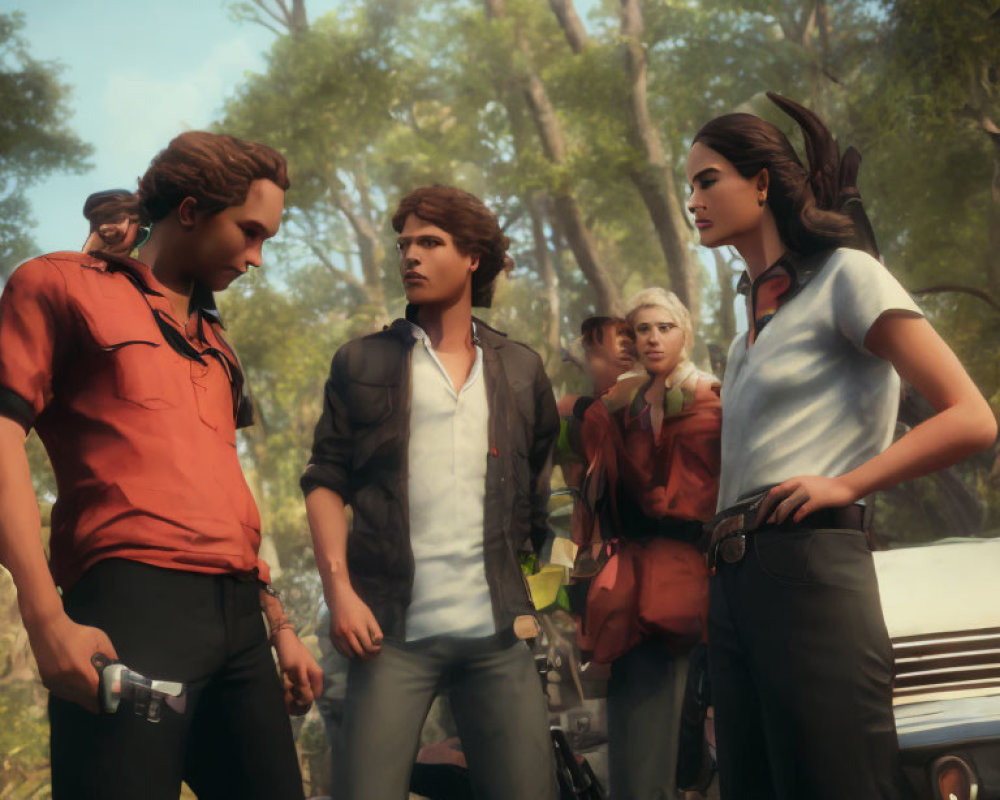 Animated characters in tense discussion outdoors with vehicle