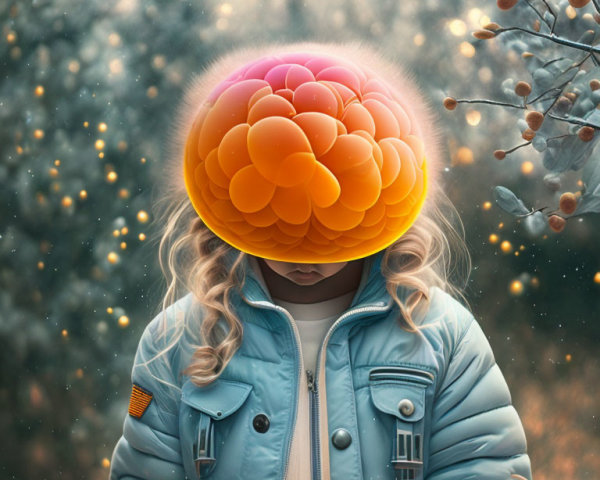 Colorful Brain Balloon Wearing Blue Jacket in Dreamy Setting