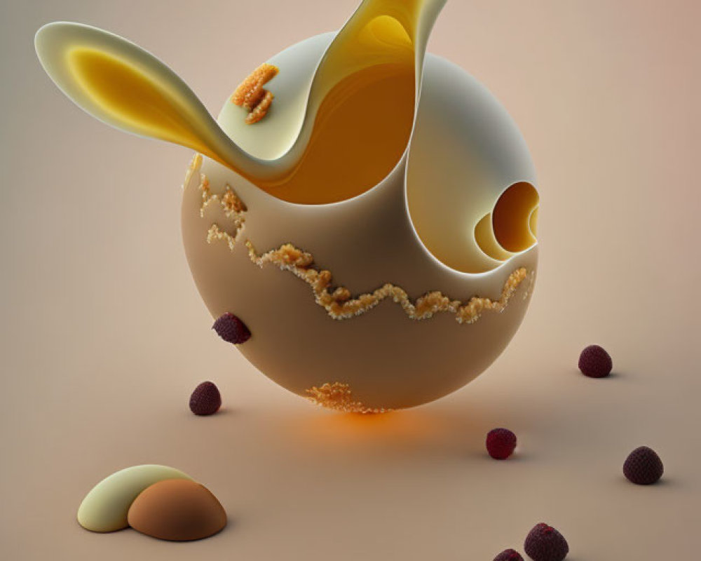 Abstract 3D rendering of spherical object with viscous liquid and small spheres