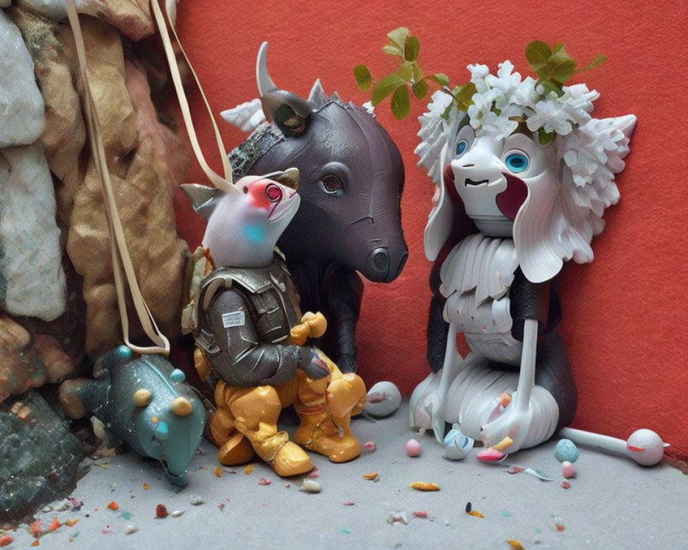 Colorful anthropomorphic toy figures on red background with bird, rhinoceros, and pegasus