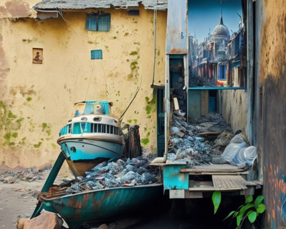 Abandoned boat in urban alley with surreal building facade art