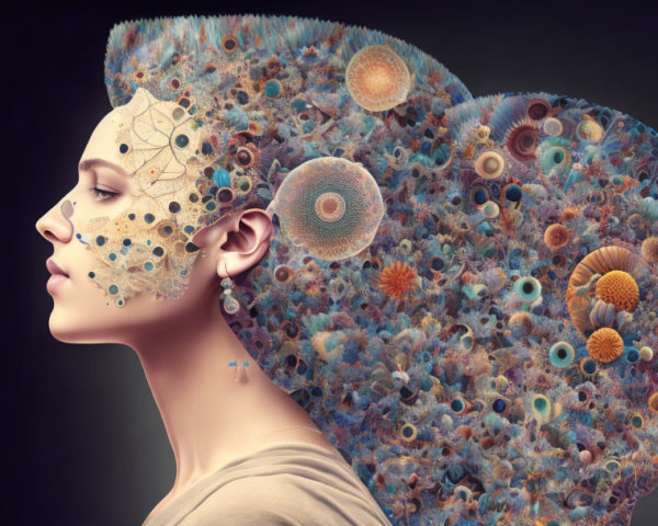 Digital artwork: Woman's profile merges with abstract coral textures and circular patterns on dark backdrop