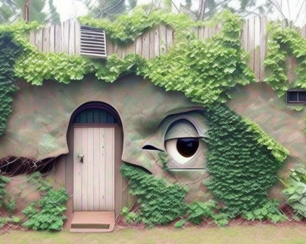 Whimsical house facade with ivy, eye-shaped window