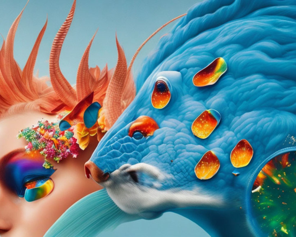 Vibrant digital artwork of a woman and fish with floral and honeycomb motifs
