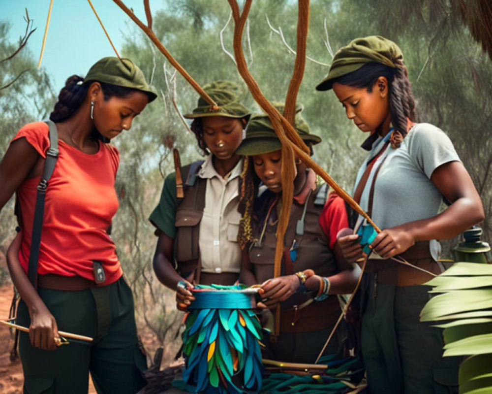 Three people crafting decorative item in woodland setting