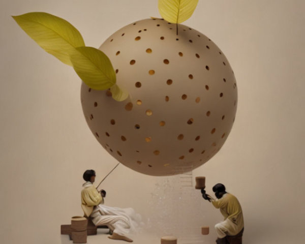Carving of Large Perforated Spherical Object on Beige Background