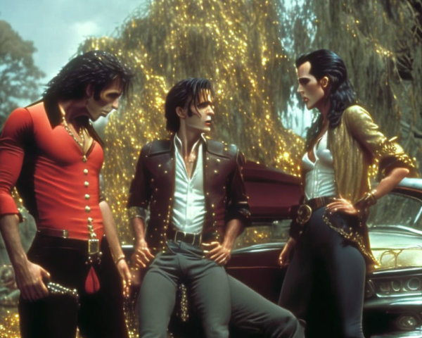 Vintage car scene with three individuals in retro outfits under a willow tree