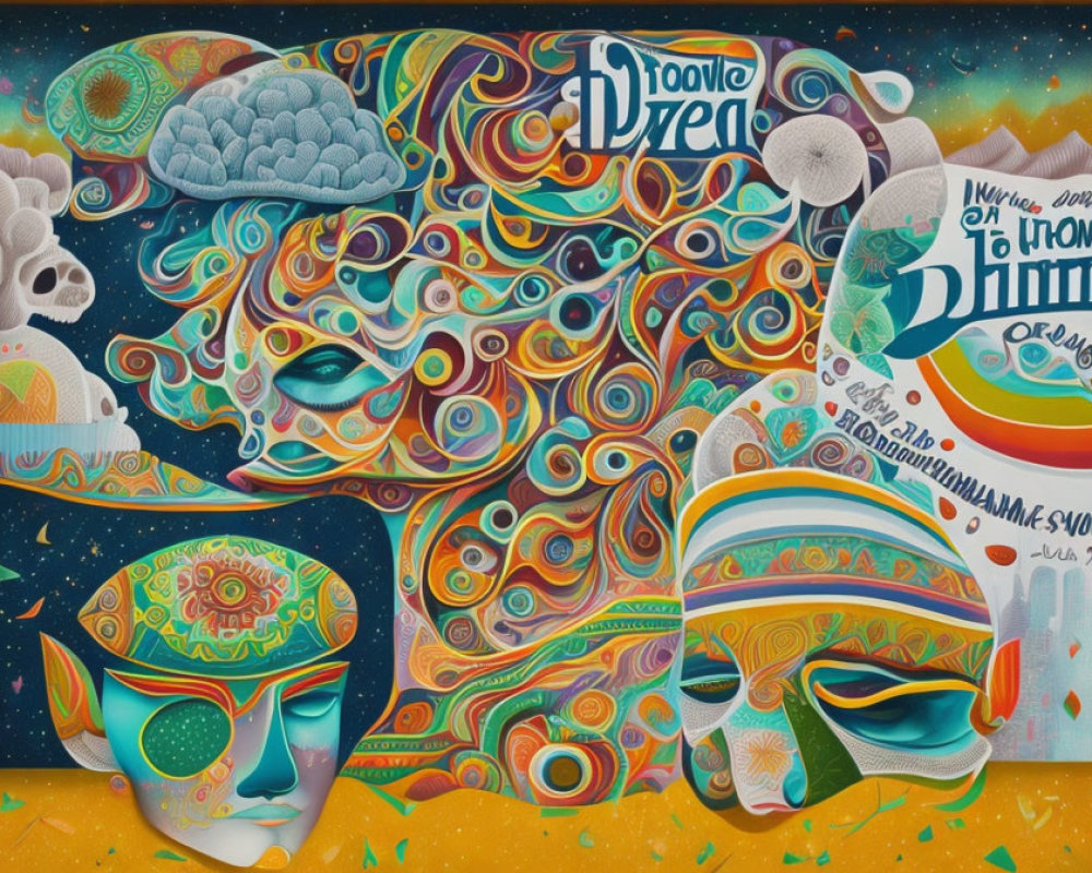 Colorful Abstract Art: Psychedelic Patterns, Stylized Faces, Cosmic Background