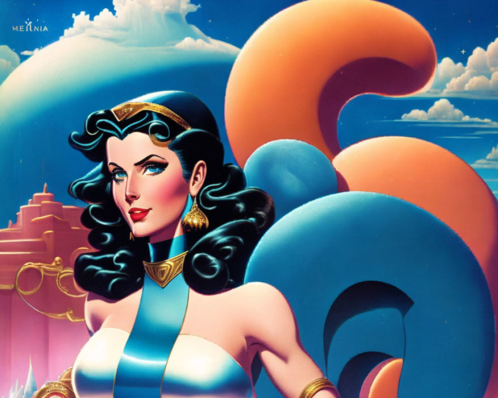 Stylized superheroine with black hair in blue and gold outfit on surreal cloudy background