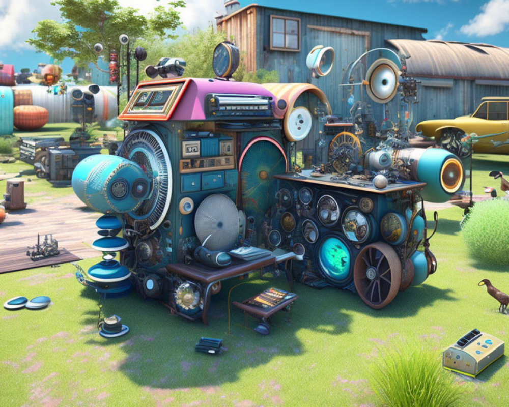 Vibrant vintage electronic equipment in whimsical outdoor scene