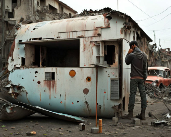 Abandoned trailer and car in devastated area