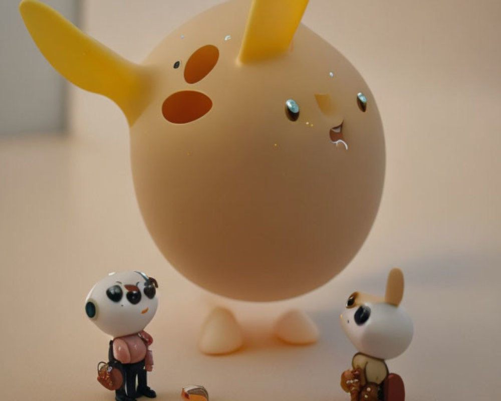 Round bunny-eared creature with panda and dog figures and accessories