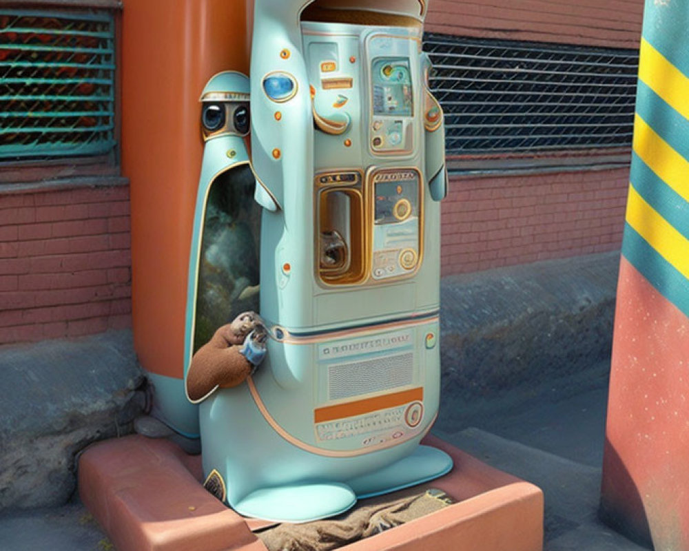 Whimsical robot-shaped trash bin in light blue with orange accents
