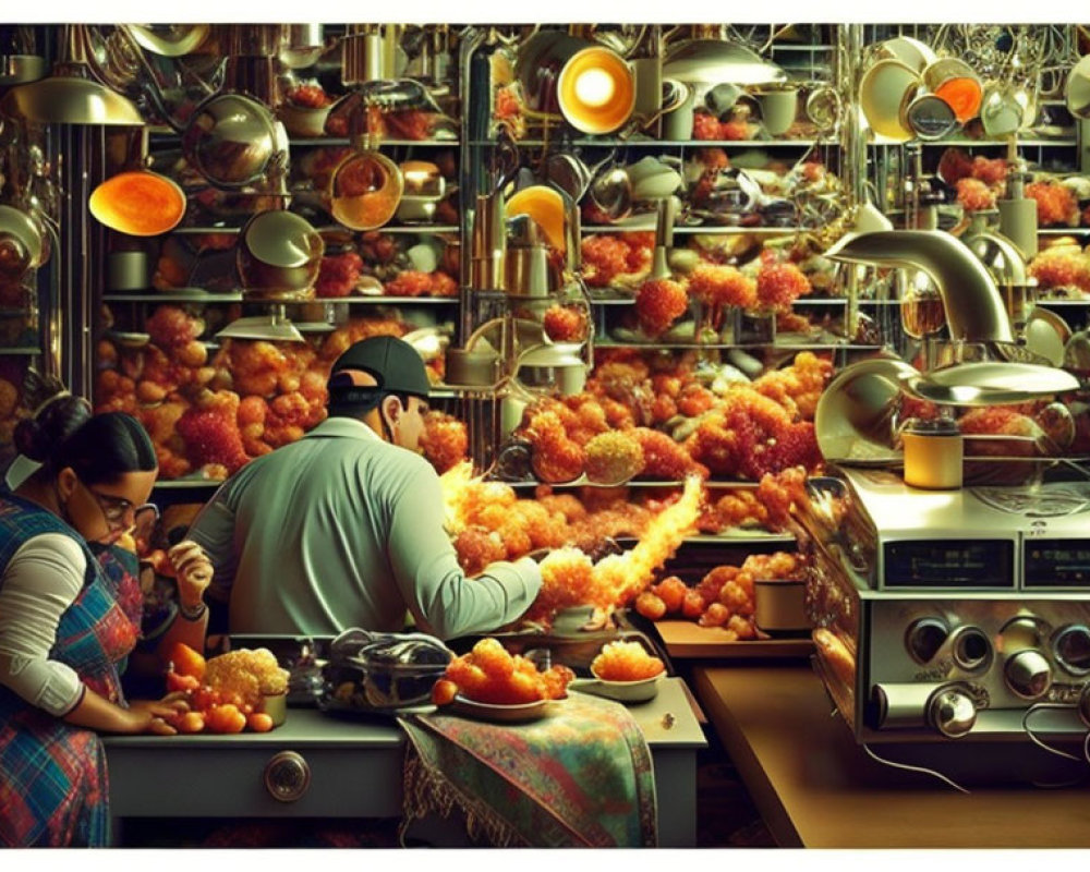 Kitchen scene with two people cooking amidst pots, pans, and hanging fruits