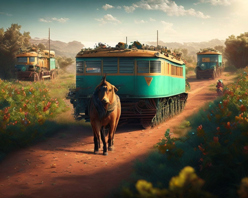 Horse walking among wildflowers with vintage green trams under warm sky