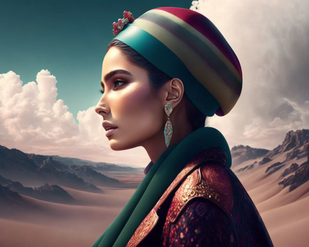 Digital artwork: Woman with jewelry & turban in desert landscape