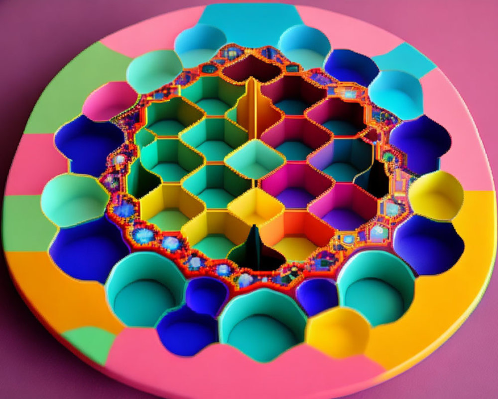 Vibrant hexagonal fractal pattern on pink and yellow plate