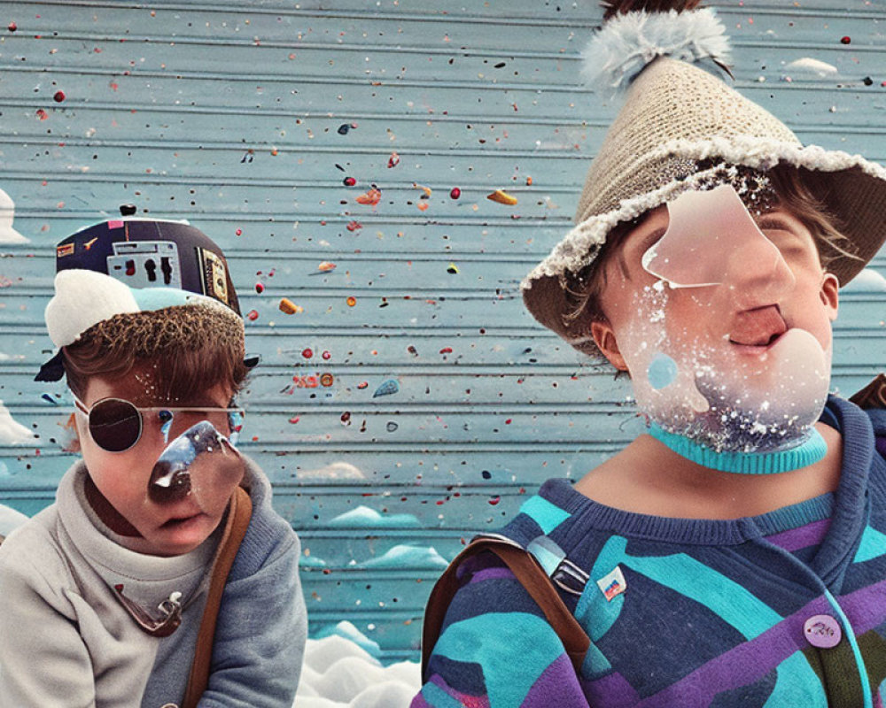 Blurred faces in sunglasses, one in straw hat, one in cap, whimsical snow and candy