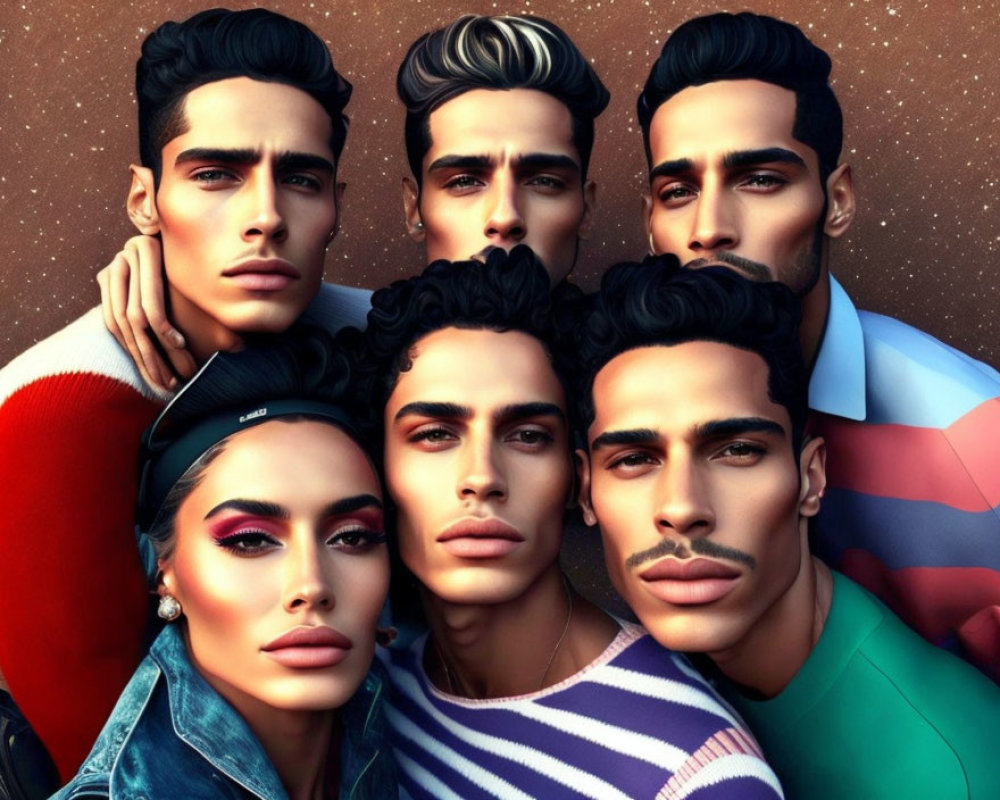 Five diverse digital avatars: four men and one woman, stylized with detailed features and varied appearances