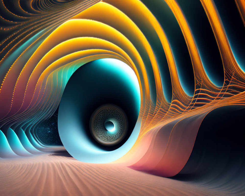 Colorful 3D Digital Art: Swirling Orange and Blue Patterns in Futuristic Tunnel