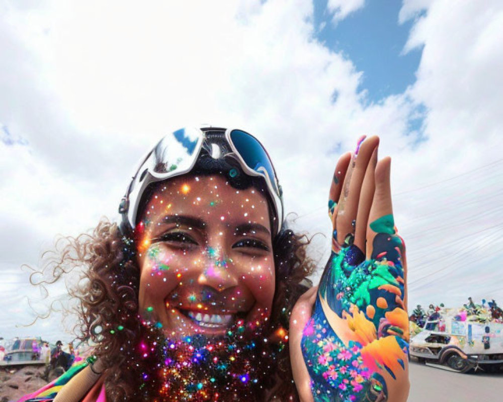 Tattooed woman with glittery beard and goggles smiling under cloudy sky